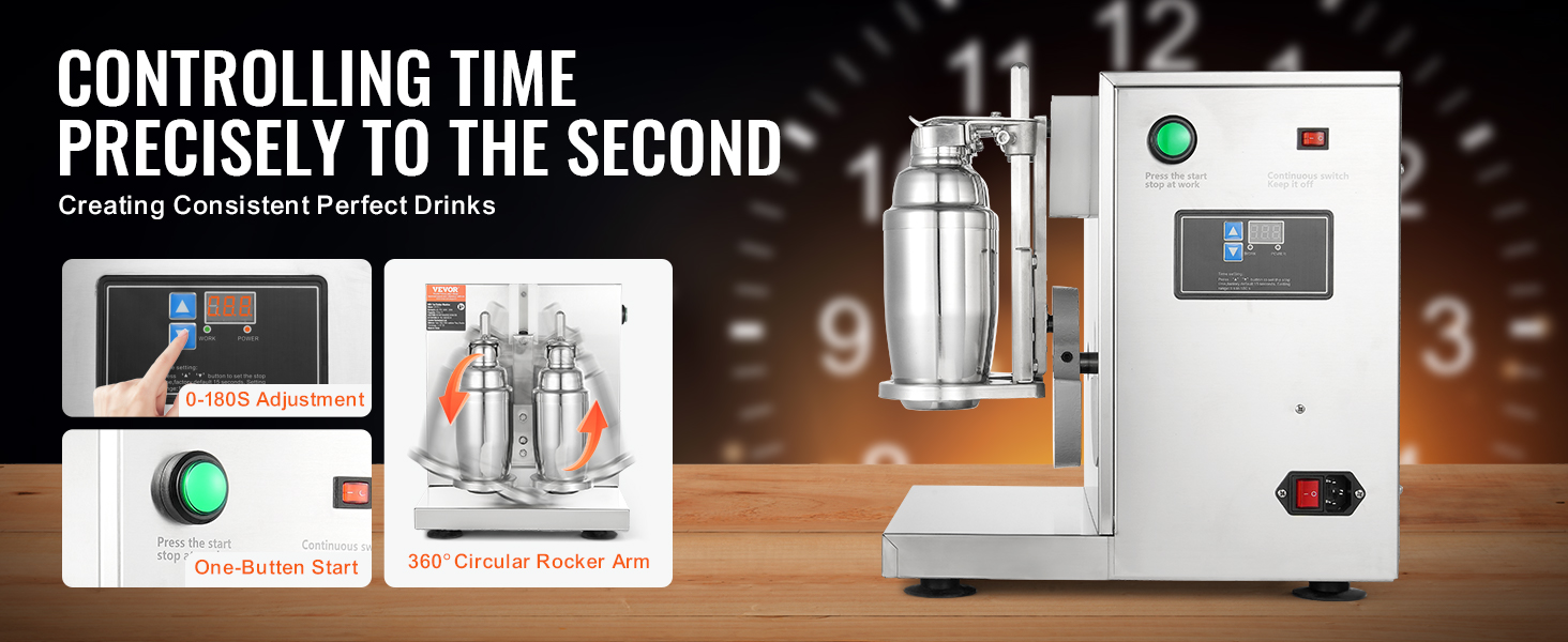 VEVOR milkshake maker with digital timer, green start button, and 360° circular rocker arm.