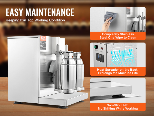VEVOR milkshake maker on wooden counter, showcasing stainless steel design, easy maintenance, and non-slip feet.