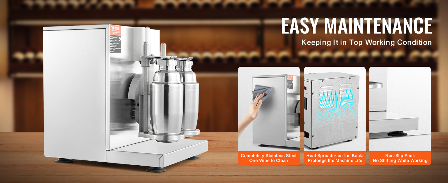 VEVOR milkshake maker on wooden counter, showcasing stainless steel design, easy maintenance, and non-slip feet.