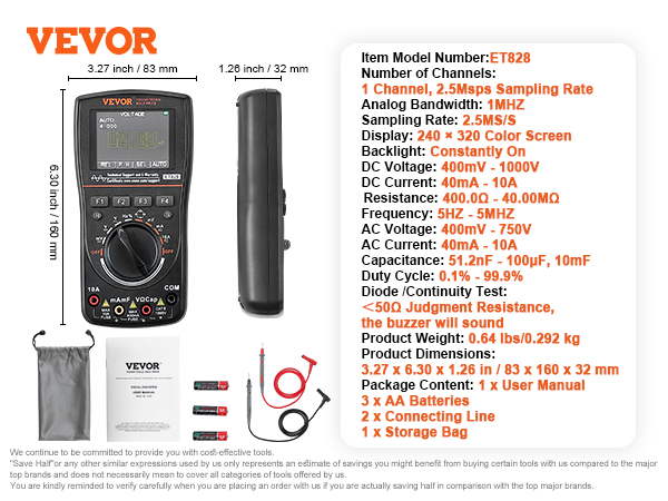 VEVOR handheld oscilloscope, black, with accessories, product dimensions and specifications displayed.