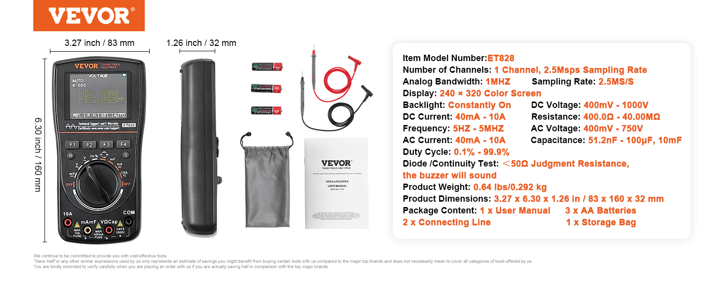 VEVOR handheld oscilloscope, black, with accessories, product dimensions and specifications displayed.