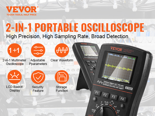 VEVOR handheld oscilloscope featuring lcd display, clear waveform, and adjustable parameters.