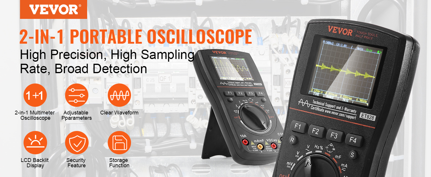 VEVOR handheld oscilloscope featuring lcd display, clear waveform, and adjustable parameters.