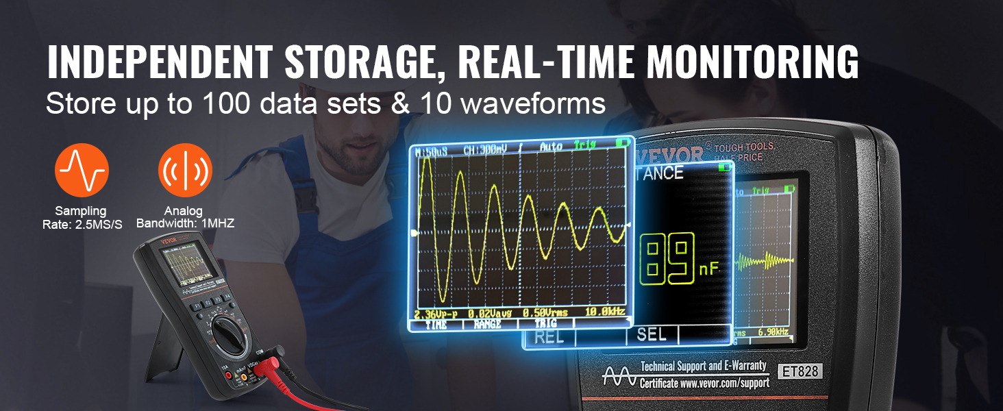 VEVOR handheld oscilloscope displaying waveforms, with independent storage and real-time monitoring.