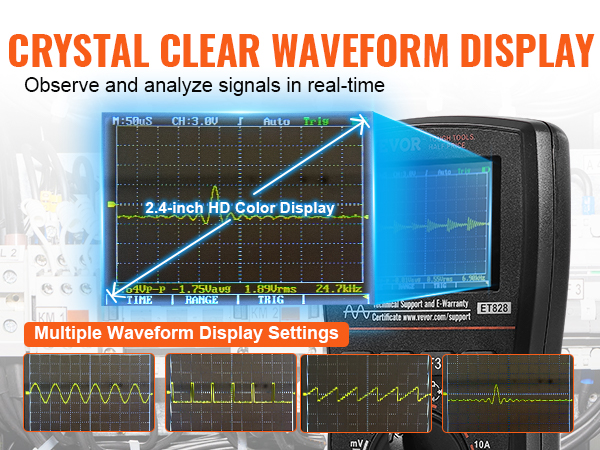 2.4-inch hd color display of VEVOR handheld oscilloscope with multiple waveform display settings.