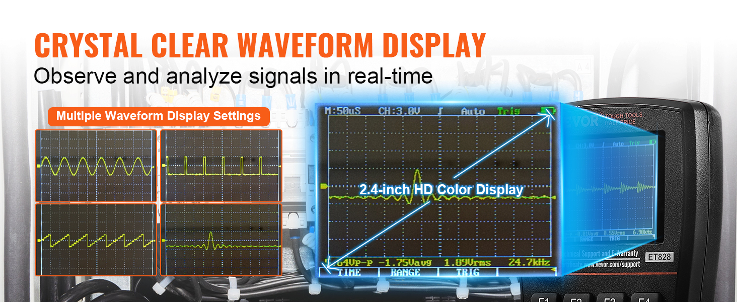 2.4-inch hd color display of VEVOR handheld oscilloscope with multiple waveform display settings.