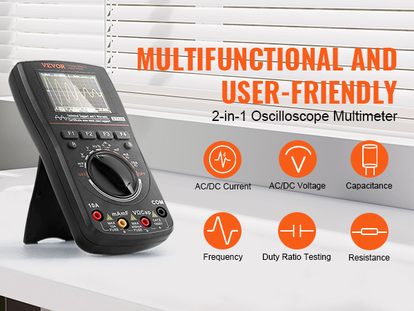 VEVOR handheld oscilloscope displaying waveform, with various function icons and a user-friendly design.