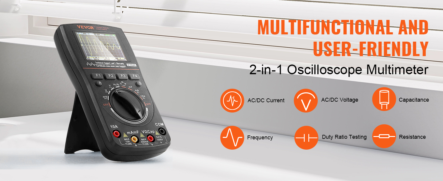 VEVOR handheld oscilloscope displaying waveform, with various function icons and a user-friendly design.
