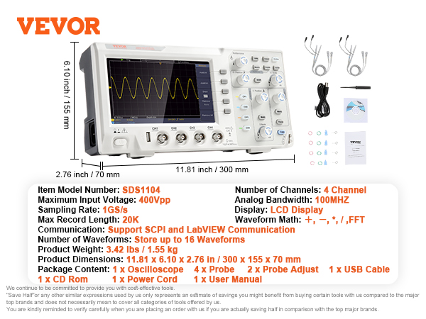 VEVOR digital oscilloscope model sds1104 with lcd display, 4 channels, accessories, and product details.