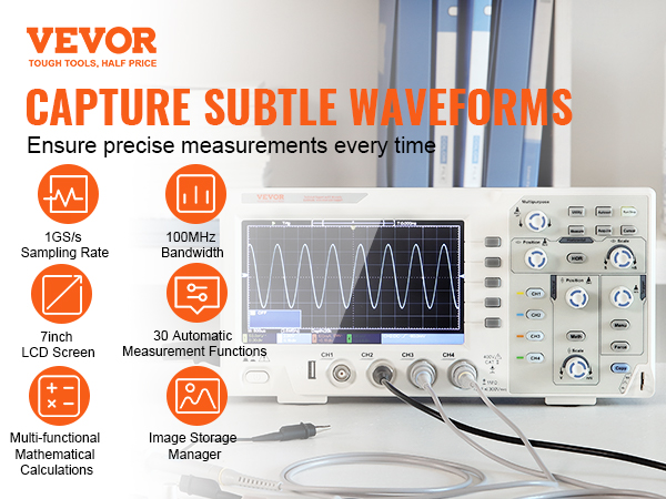 VEVOR digital oscilloscope showcasing waveform display, 1gs/s, 100mhz, 7-inch lcd, and auto measurement features.