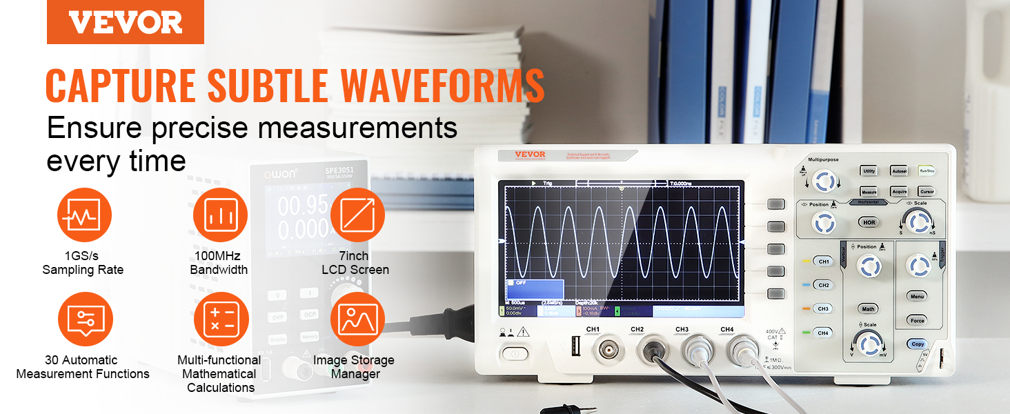 VEVOR digital oscilloscope showcasing waveform display, 1gs/s, 100mhz, 7-inch lcd, and auto measurement features.