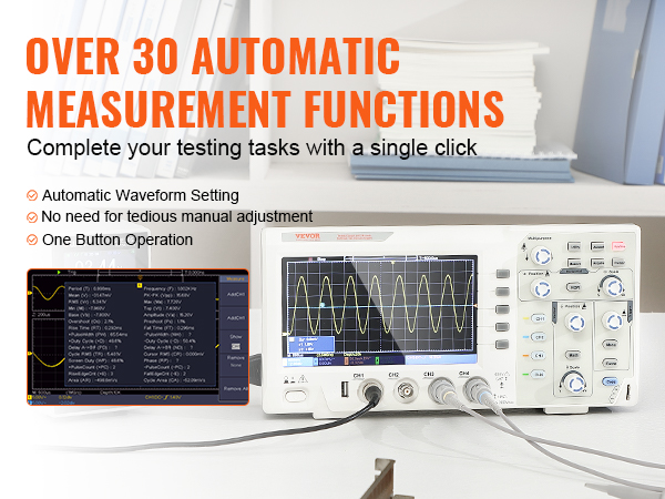 VEVOR digital oscilloscope showcasing automatic measurement functions for efficient testing tasks.