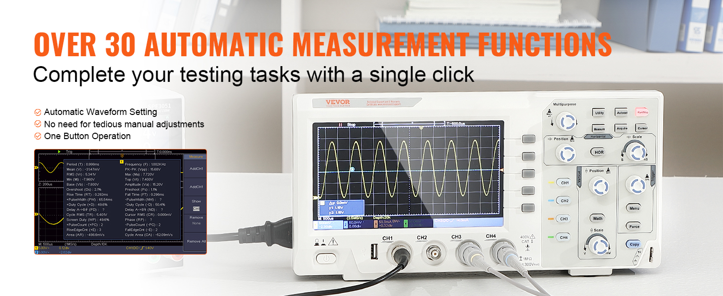 VEVOR digital oscilloscope showcasing automatic measurement functions for efficient testing tasks.