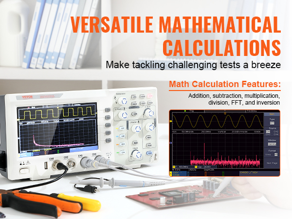 VEVOR digital oscilloscope showcasing versatile mathematical calculations for advanced testing.