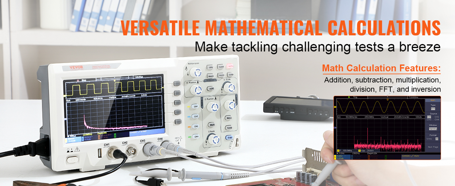 VEVOR digital oscilloscope showcasing versatile mathematical calculations for advanced testing.