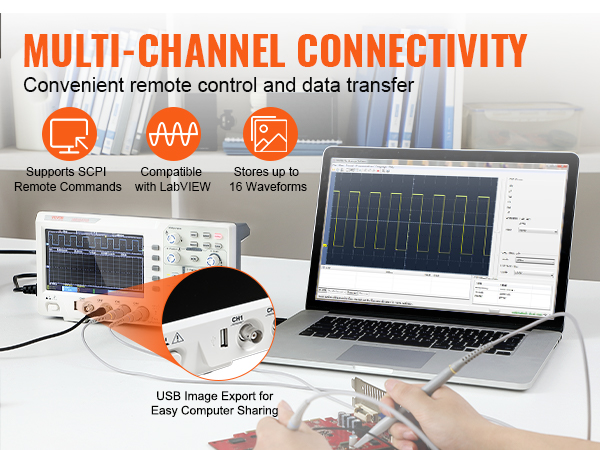 VEVOR digital oscilloscope connected to laptop displaying waveforms, showcasing multi-channel connectivity.