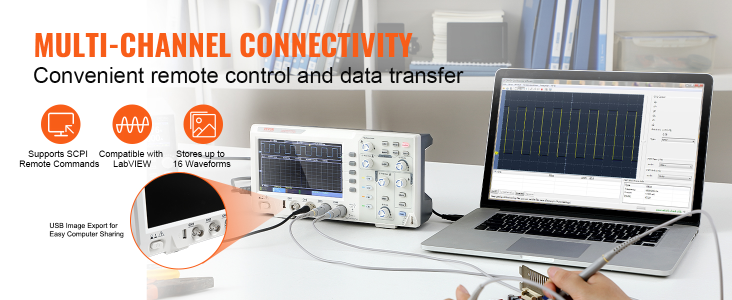 VEVOR digital oscilloscope connected to laptop displaying waveforms, showcasing multi-channel connectivity.