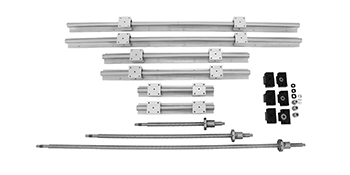 VEVOR linear rail cnc kit components laid out, including rails, screws, and mounting blocks.