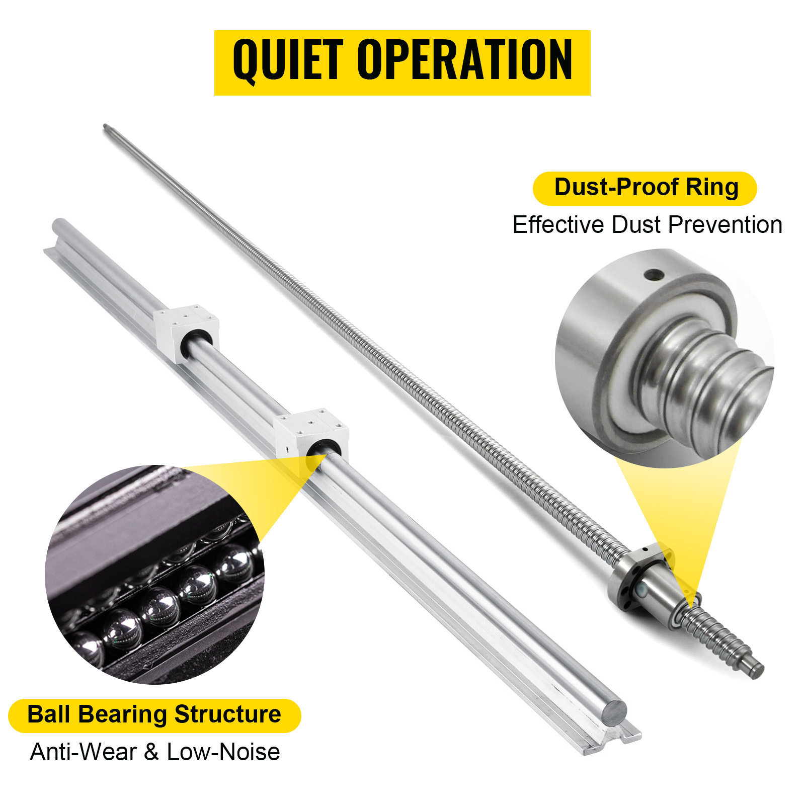 VEVOR linear rail cnc kit with ball bearing structure and dust-proof ring for quiet operation.