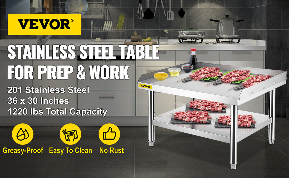 VEVOR stainless steel table for prep and work in a kitchen setting.
