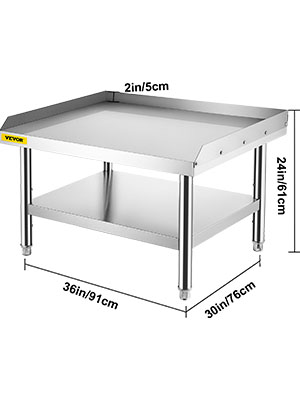 stainless steel VEVOR grill stand with dimensions and undershelf.