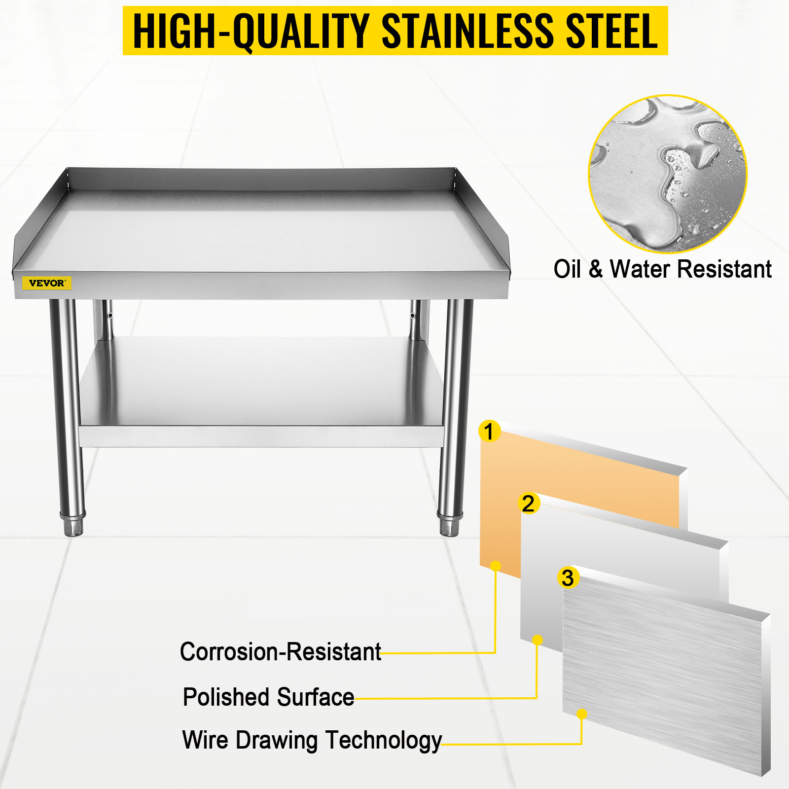 VEVOR grill stand with stainless steel, oil and water resistant, corrosion-resistant.