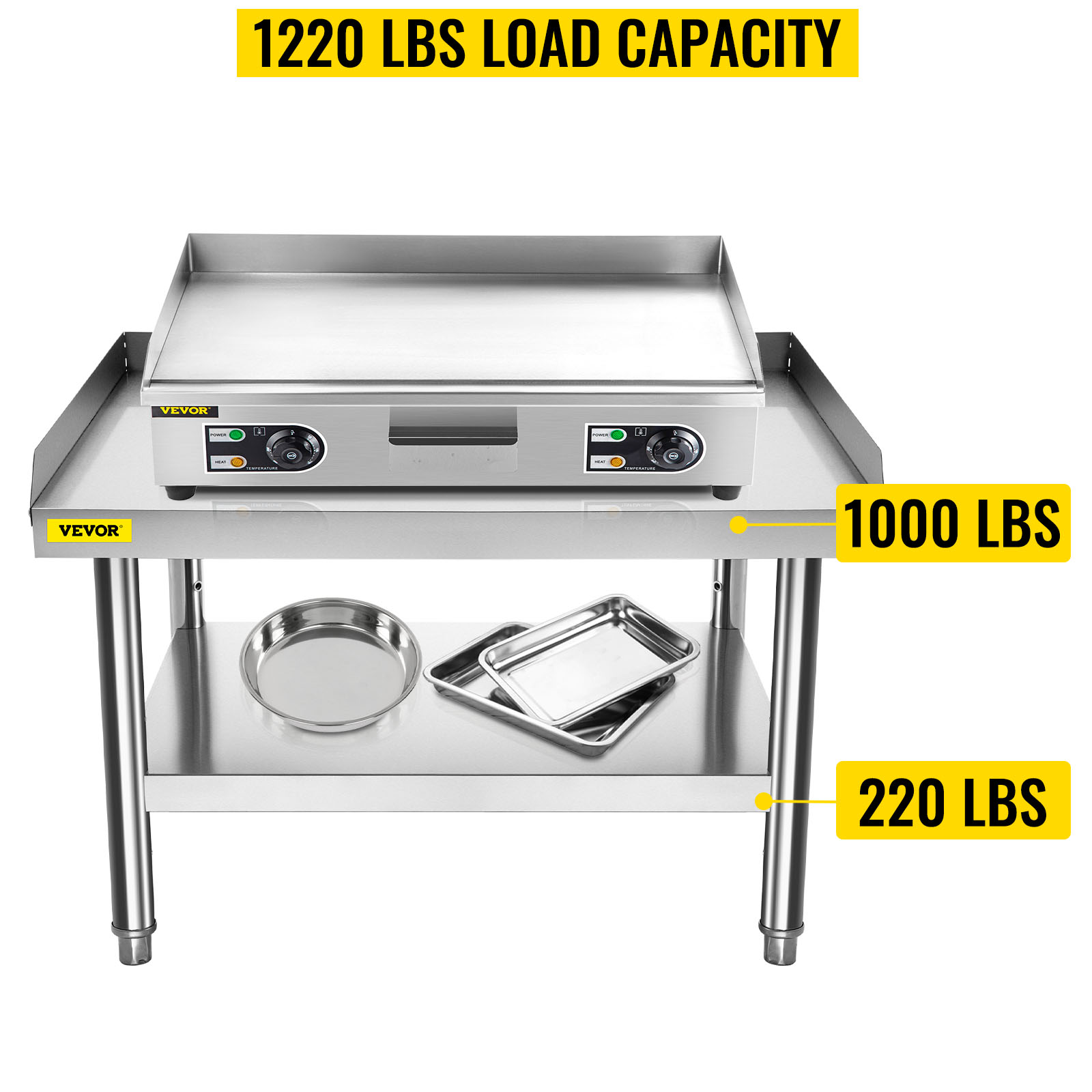 VEVOR grill stand with a load capacity of 1220 lbs, featuring a griddle and trays.