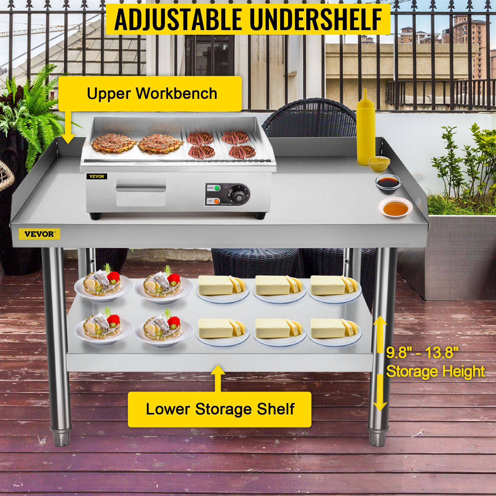 VEVOR grill stand with adjustable undershelf, upper workbench, and lower storage shelf.