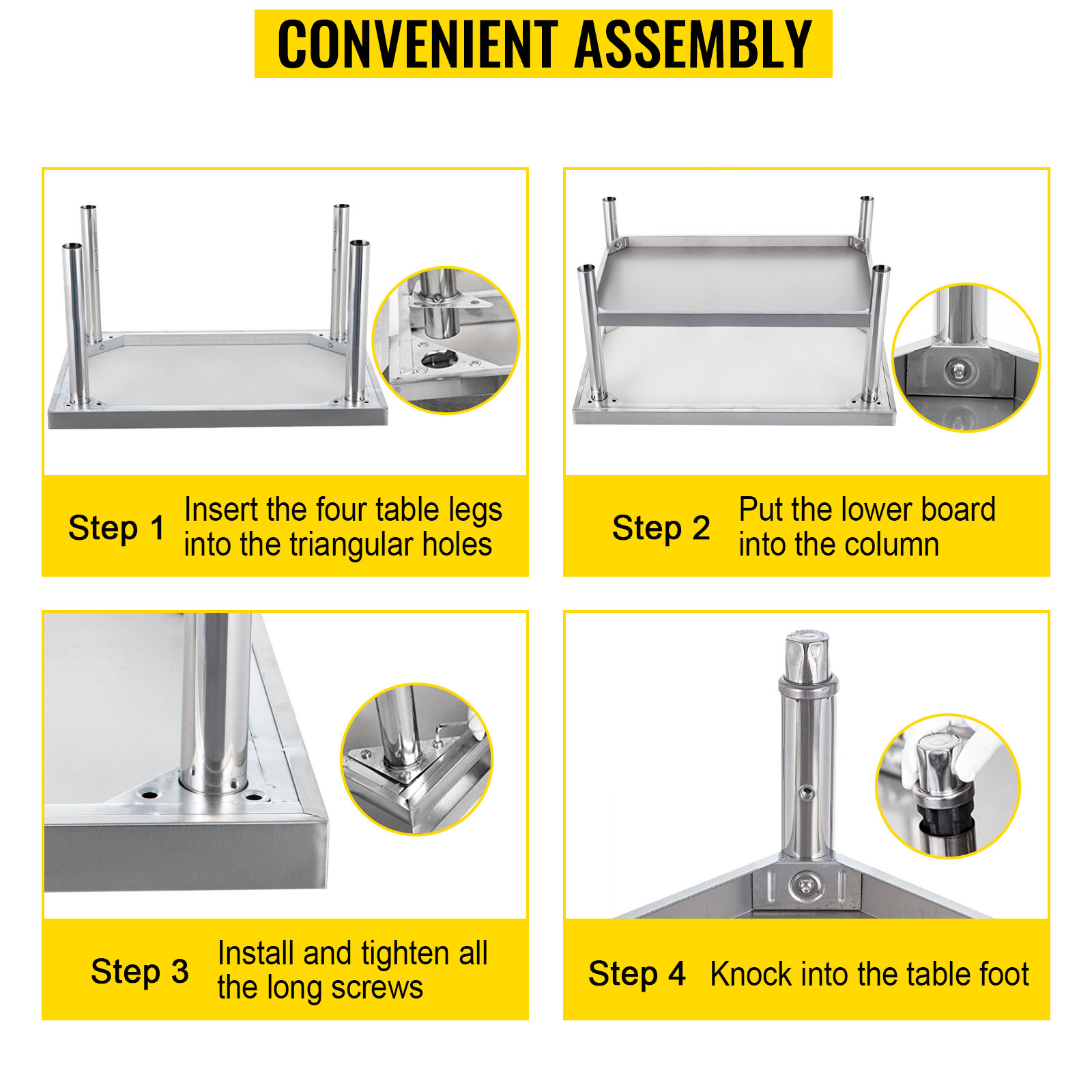 convenient assembly steps for VEVOR grill stand: insert legs, add board, tighten screws, attach feet.