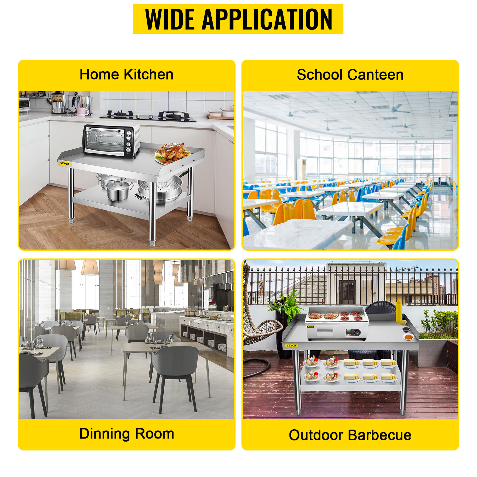 VEVOR grill stand for home kitchen, school canteen, dining room, and outdoor barbecue.