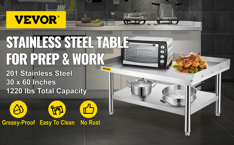 VEVOR stainless steel table for prep with cooker and roast chicken in a modern kitchen.