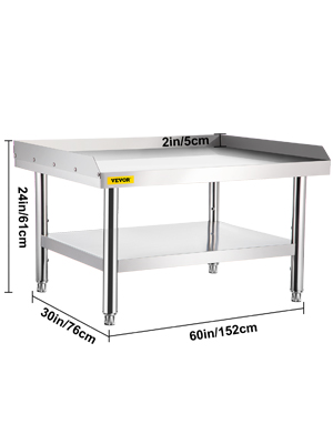 VEVOR stainless steel grill stand, 60in x 30in with 2-tier design and height measurements.