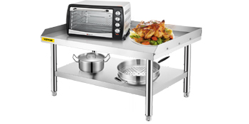 VEVOR stainless steel grill stand with oven, roast chicken, pots, and pans on shelves.