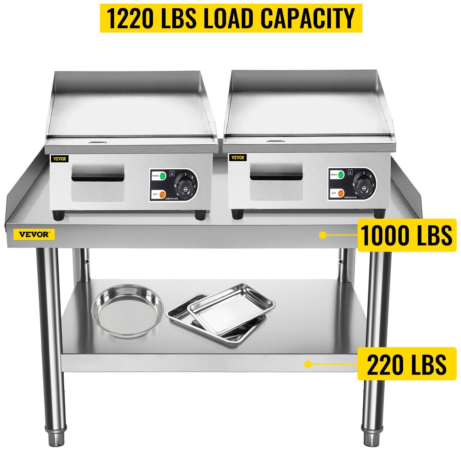 VEVOR stainless steel grill stand with 1220 lbs load capacity, 1000 lbs top, 220 lbs bottom.