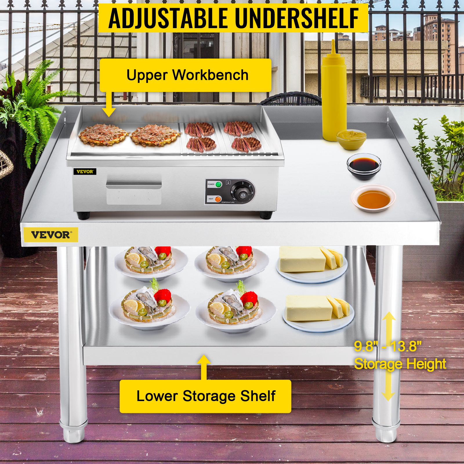 VEVOR stainless steel grill stand with adjustable undershelf and upper workbench.