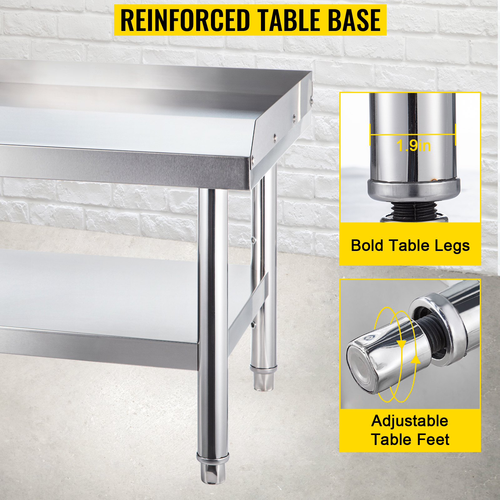 VEVOR stainless steel grill stand with reinforced table base, bold legs, and adjustable feet.