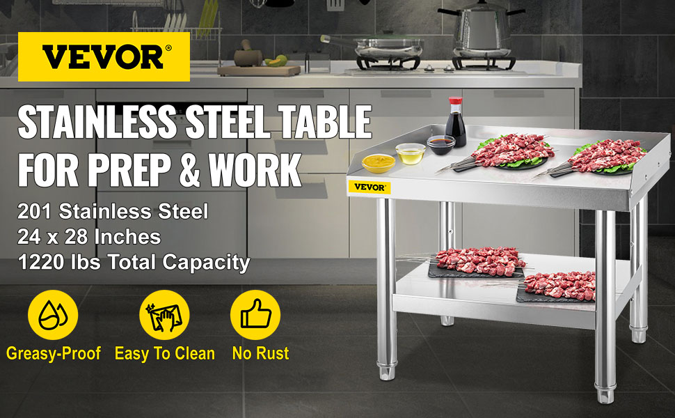 VEVOR stainless steel table for prep and work in a modern kitchen.