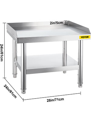 VEVOR stainless steel grill stand with measurements of 28in x 24in x 24in.
