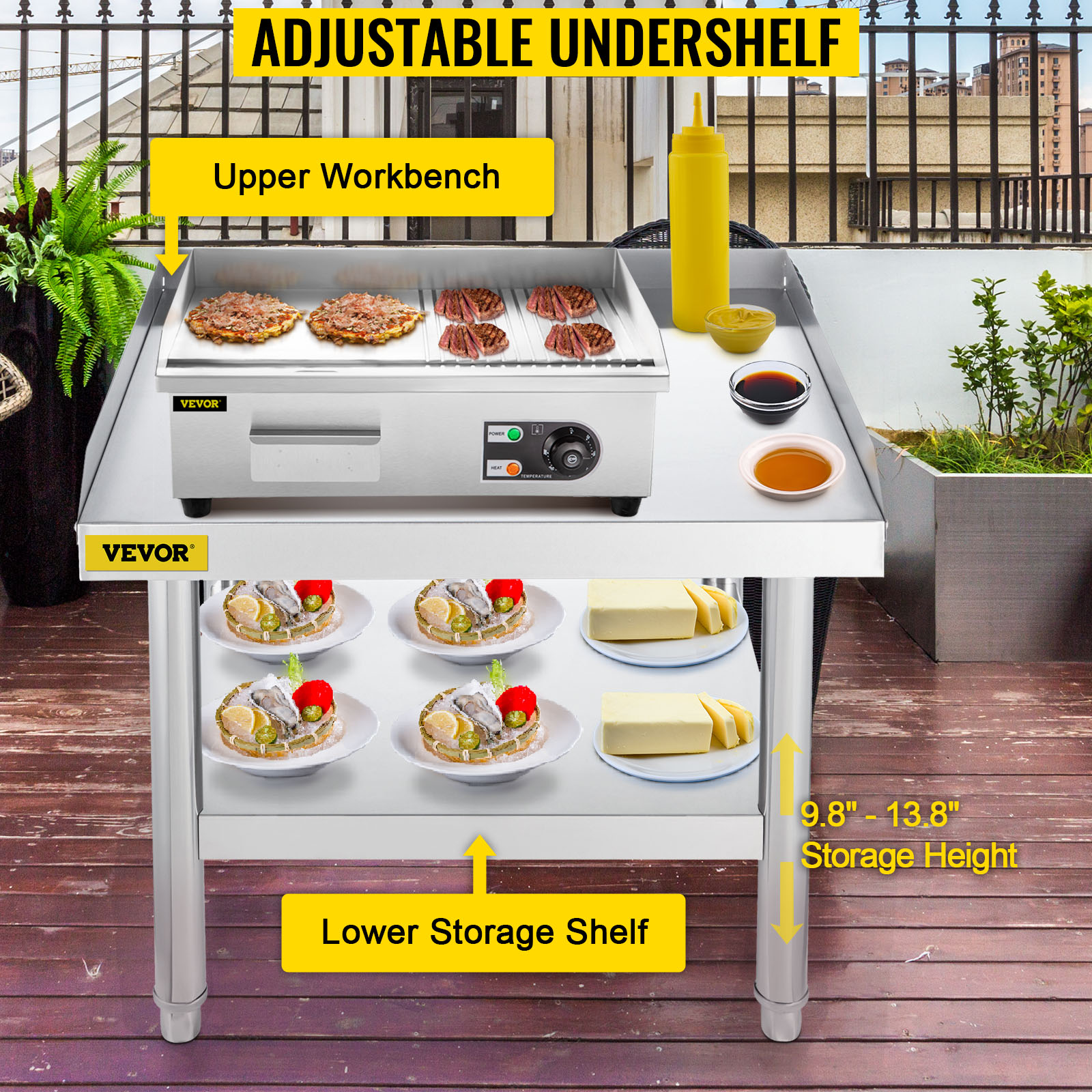 VEVOR stainless steel grill stand with adjustable undershelf, upper workbench, and lower storage.
