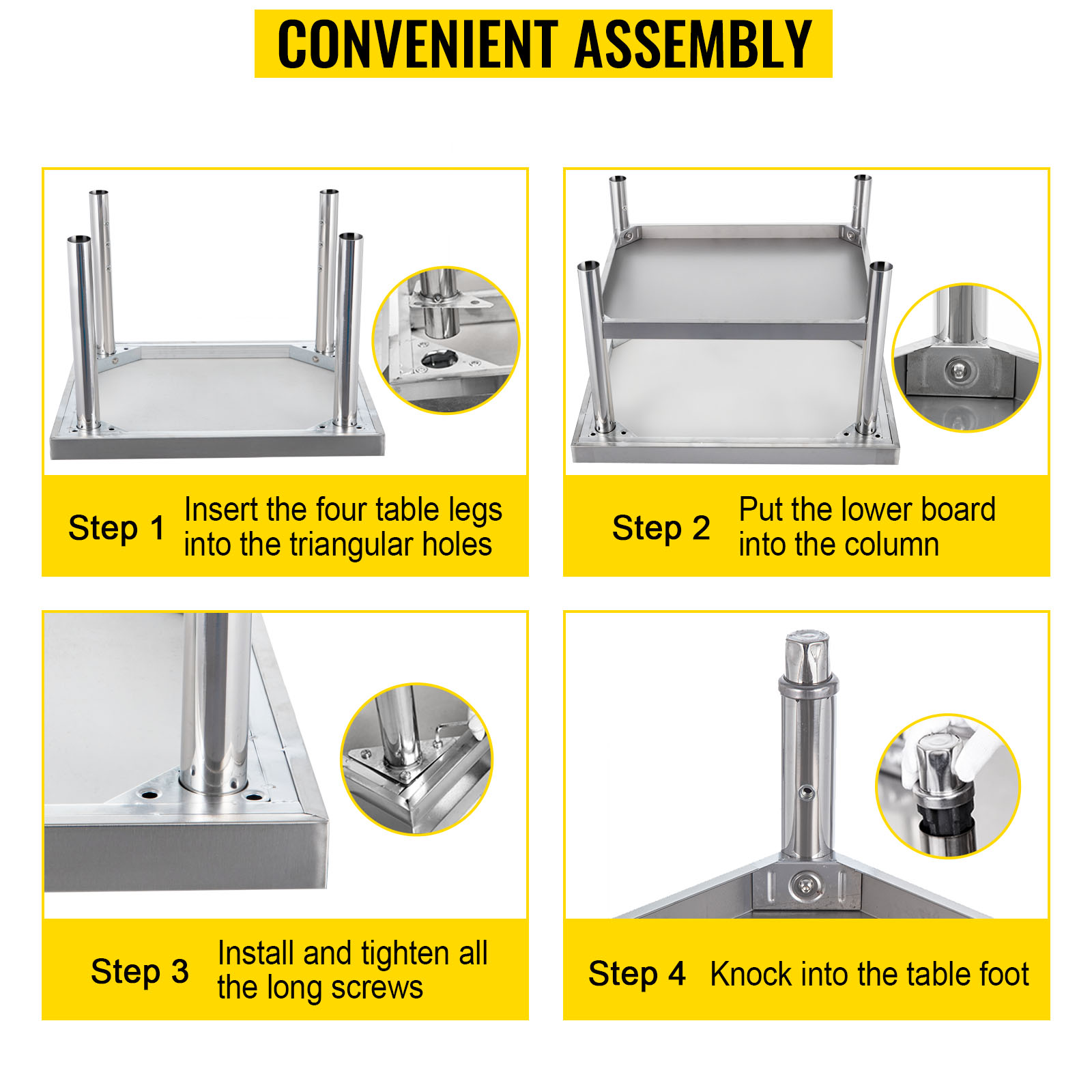 VEVOR stainless steel grill stand assembly steps with detailed instructions.