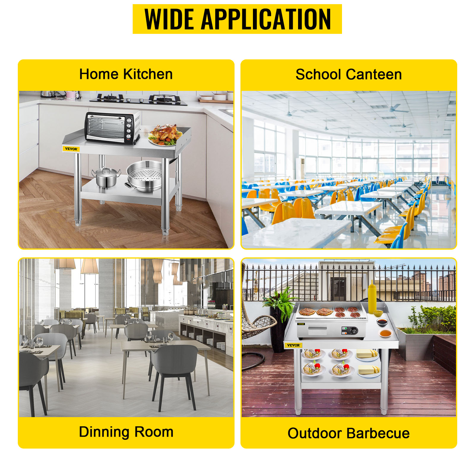 VEVOR stainless steel grill stand in kitchen, canteen, dining room, and outdoor barbecue.