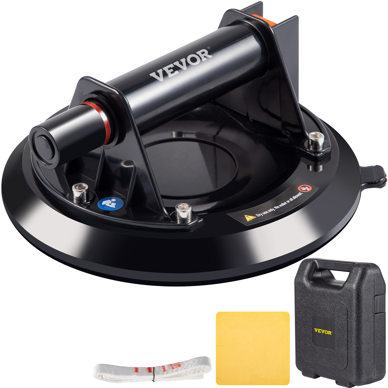 VEVOR glass suction cup with carrying case, strap, and cleaning cloth.