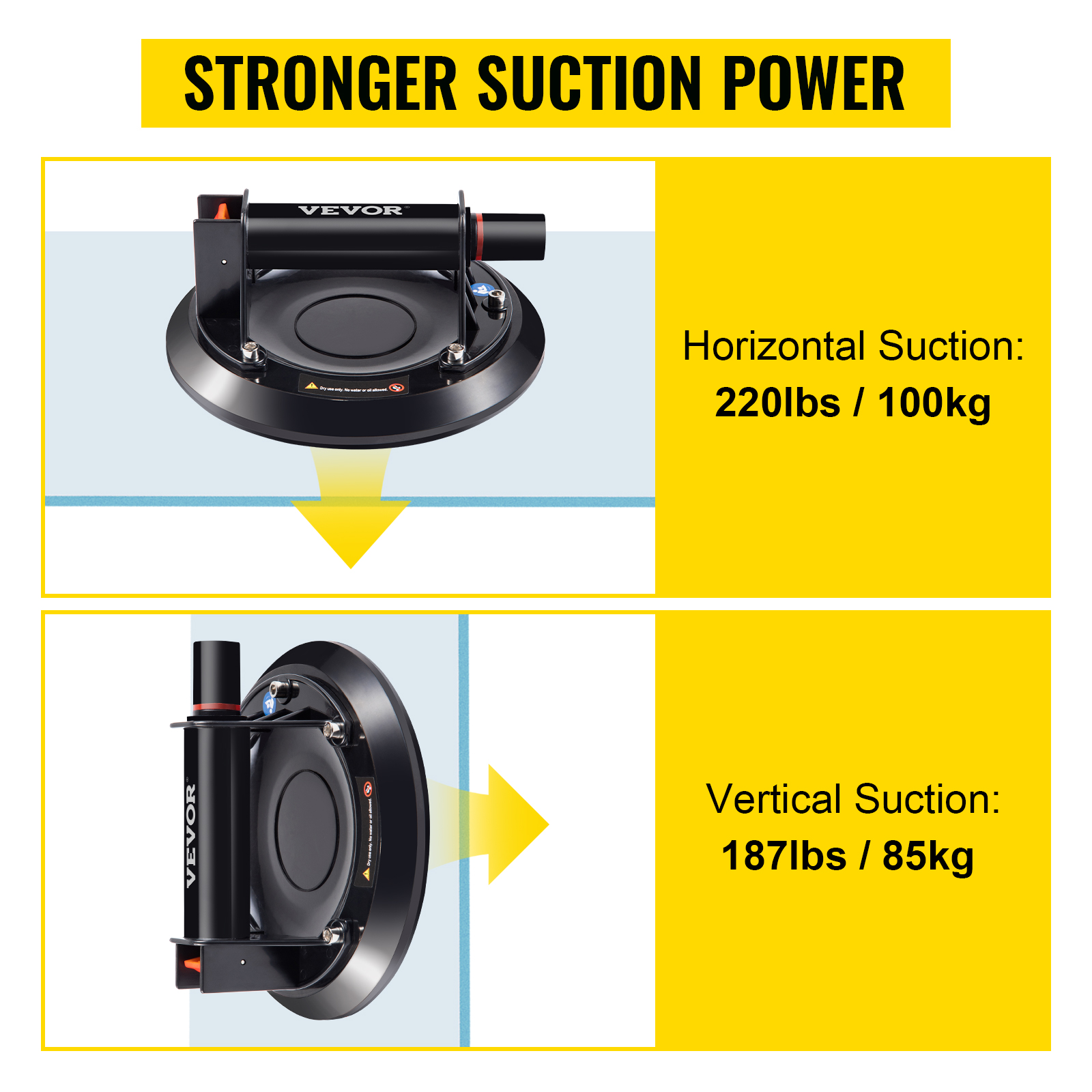 VEVOR glass suction cup with 220lbs horizontal and 187lbs vertical holding power.