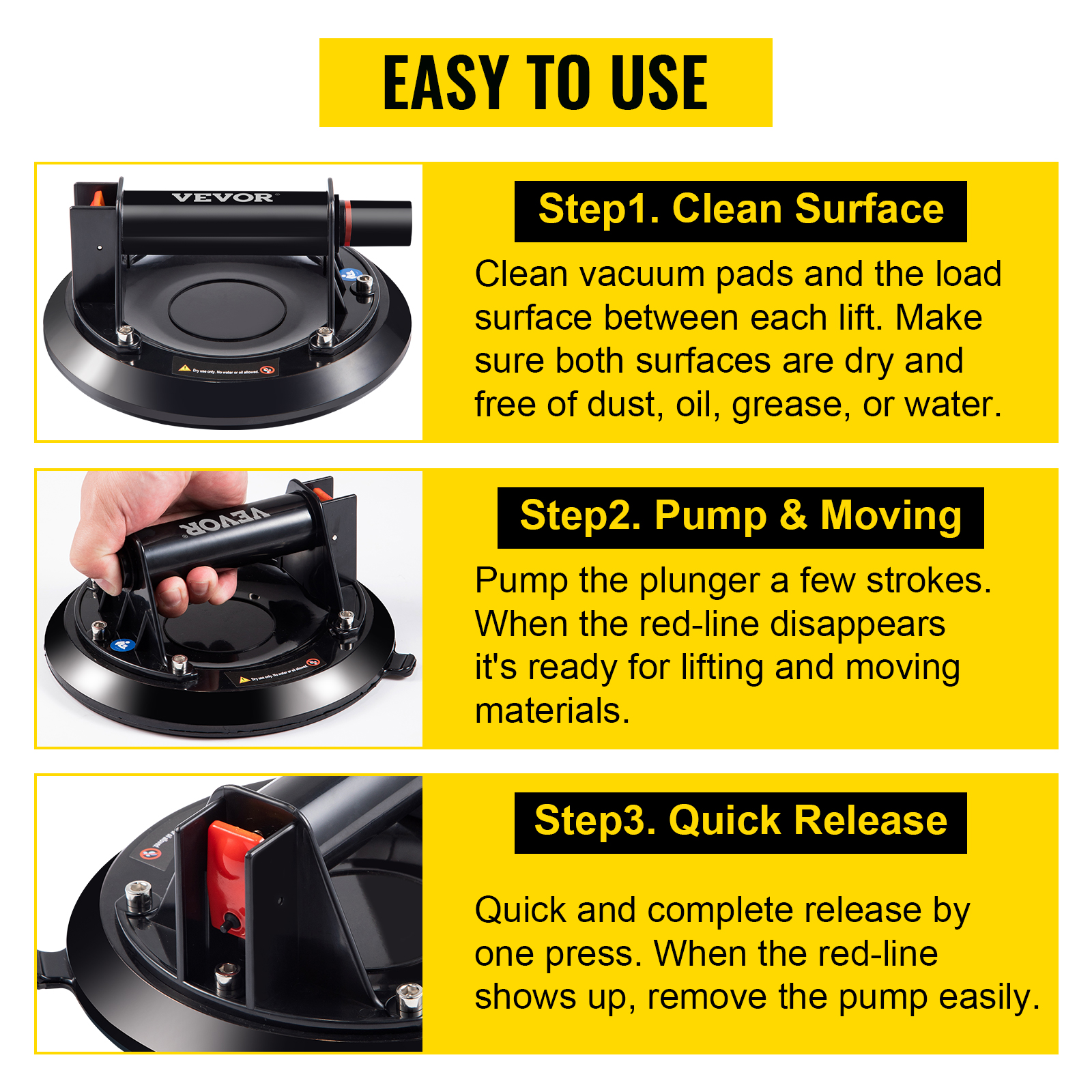 VEVOR glass suction cup usage steps: clean surface, pump & move, quick release.