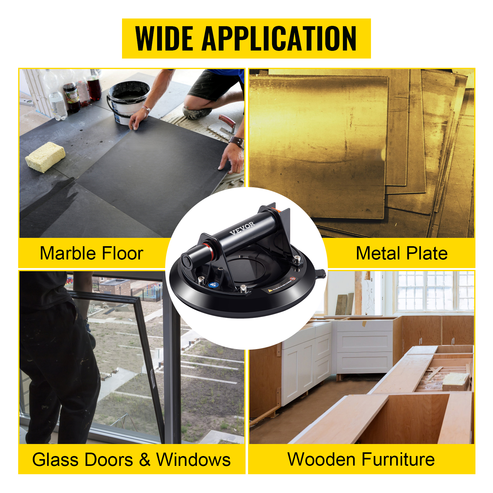 VEVOR glass suction cup lifting marble floor, metal plate, glass doors, and wooden furniture.