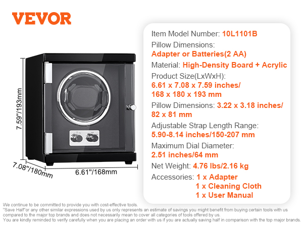 VEVOR watch winder with adjustable strap, high-density board, and acrylic material. 7.59"x7.08"x6.61".