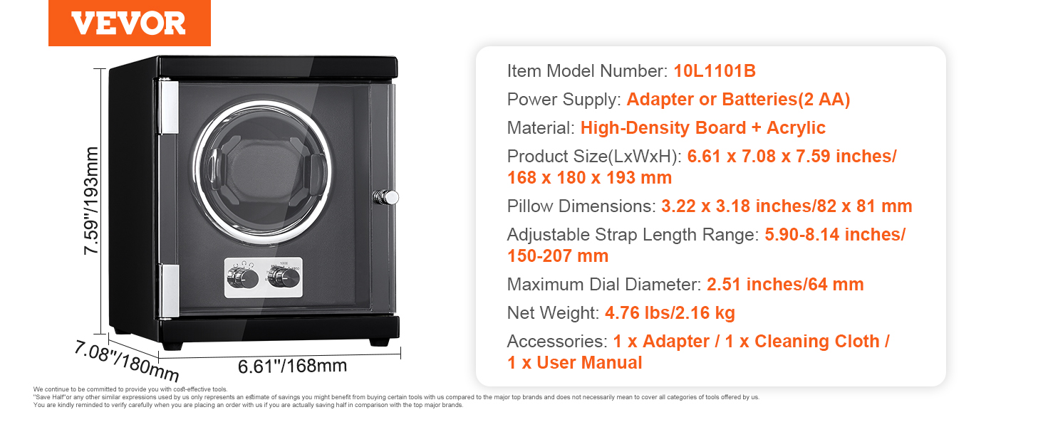 VEVOR watch winder with adjustable strap, high-density board, and acrylic material. 7.59"x7.08"x6.61".