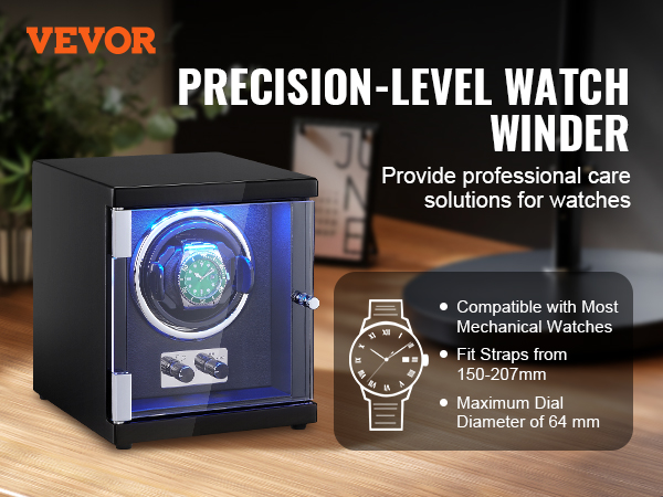VEVOR watch winder with blue led lighting, fits most mechanical watches, on a wooden table.