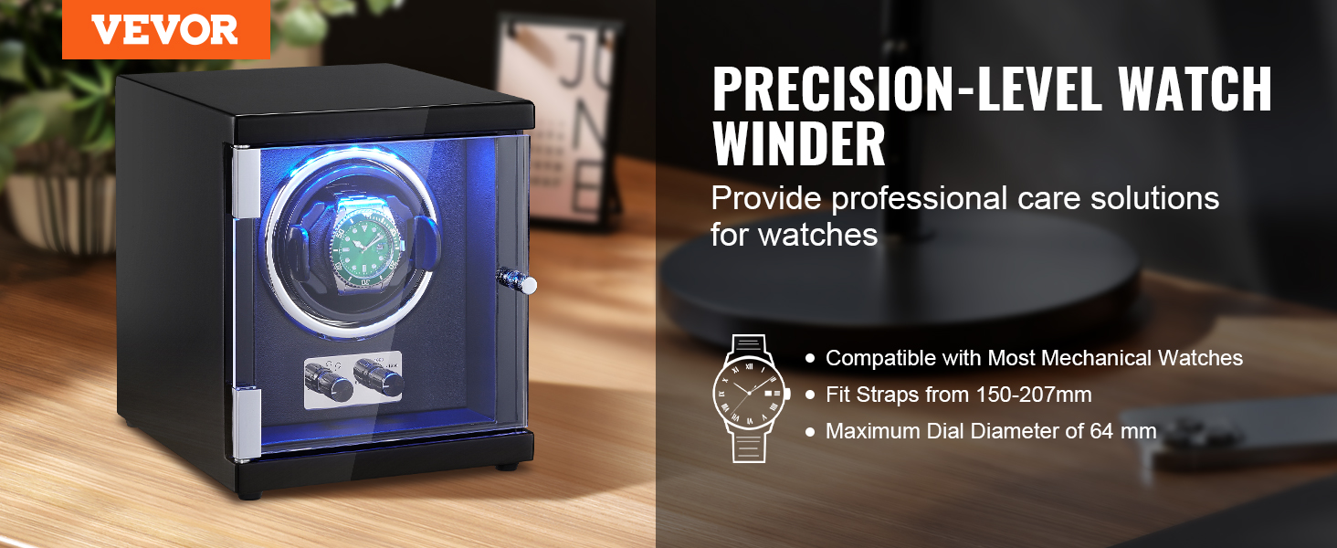 VEVOR watch winder with blue led lighting, fits most mechanical watches, on a wooden table.