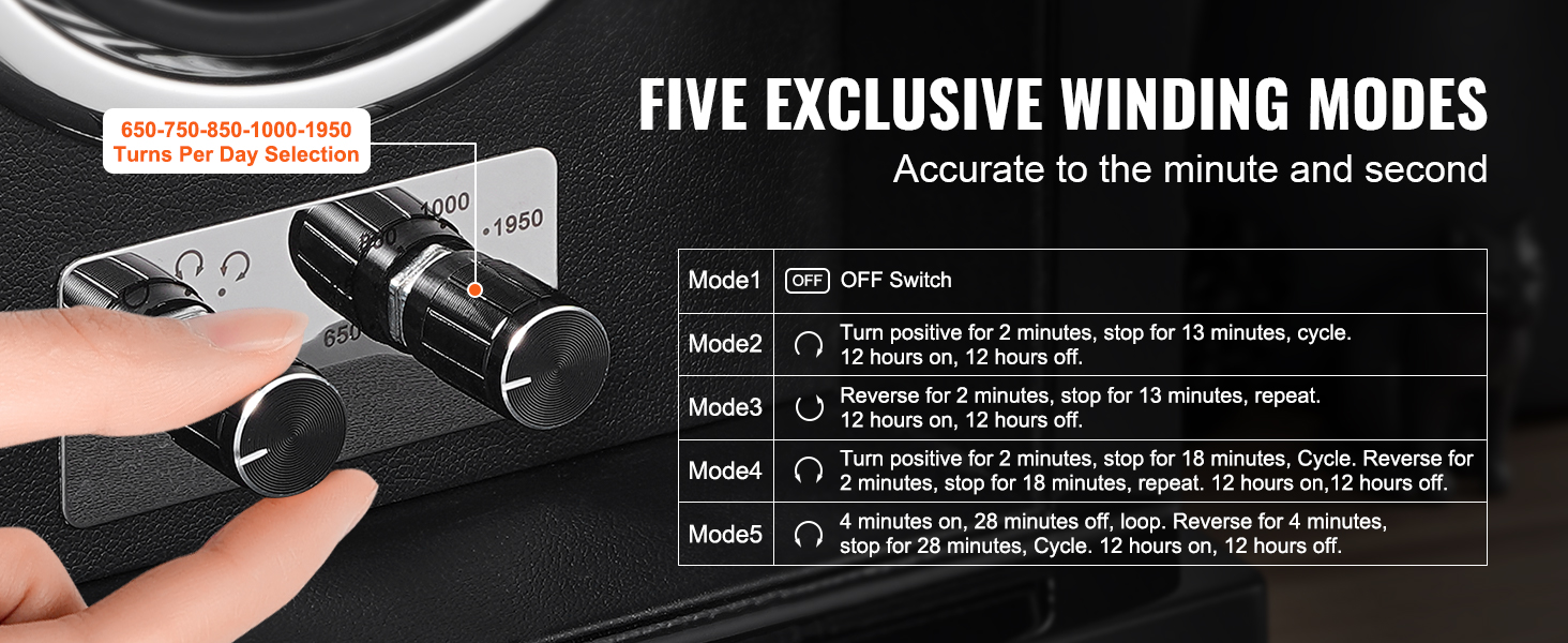 VEVOR watch winder with five winding modes and turns per day selection knobs.